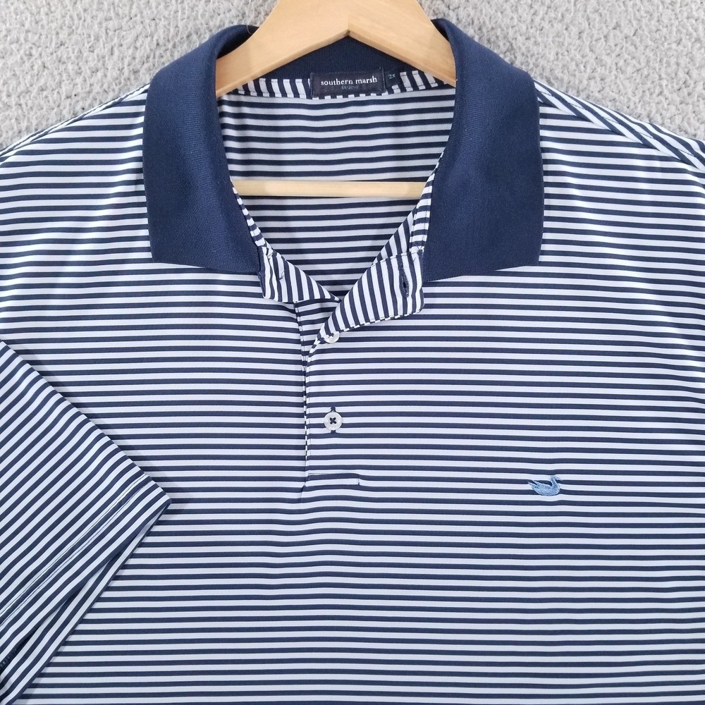 Southern Marsh Polo Shirt Mens 2XL Blue White Striped Performance Golf Coastal